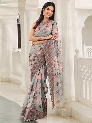 Pearl-Blue Organza Saree with Digital Printed Flowers and Wide Border
