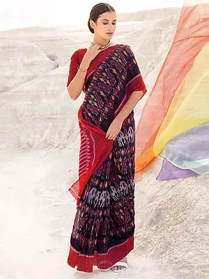 Moonless-Night Cotton Saree with Ikat Printed Elephants and Parrots