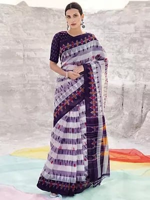 White-Blue Ikat Printed Cotton Saree with Temple Border