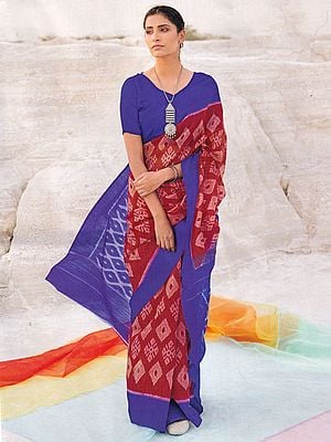 Ribbon-Red Cotton Ikat Printed Saree with Contrast Blue Border