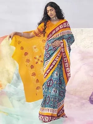 Exotic-Plume Ikat Cotton Saree with Printed Elephants and Tri-color Border