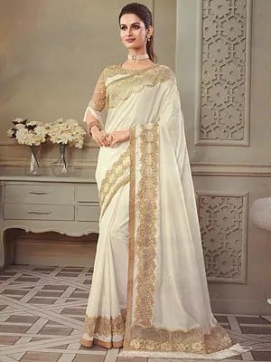 Lucent-White Georgette Designer Saree with Sequins-Stone Embroidery and Jhalar Pallu