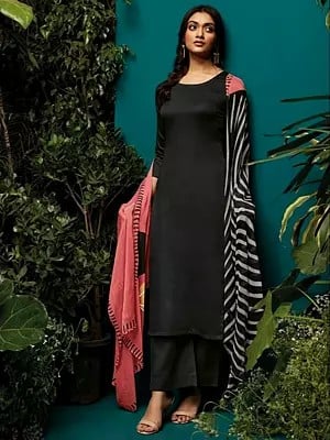 Deep-Forest Plain Salwar Suit with Stripe Printed Dupatta