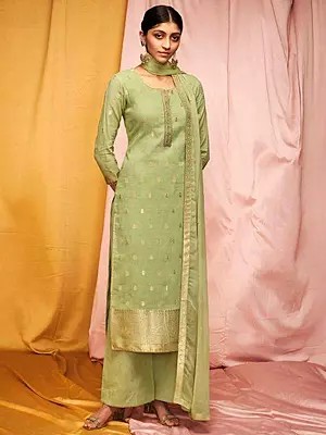 Lily-Green Cotton Salwar Kameez Suit with Zari Woven Bootis and Chiffon Dupatta