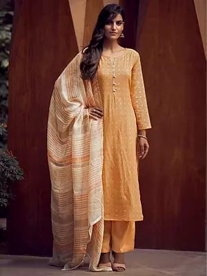Salwar Kameez Suit with Chiffon Striped Dupatta and Woven Bootis all over