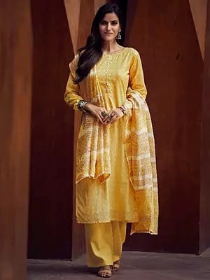 Salwar Kameez Suit with Chiffon Striped Dupatta and Woven Bootis all over