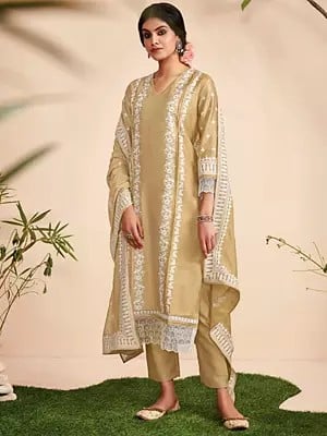 Taso-Taupe Salwar Suit with Dupatta and All-Over Aari Embroidery