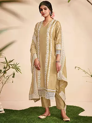 Taso-Taupe Salwar Suit with Dupatta and All-Over Aari Embroidery