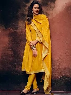 Amber-Yellow Zari Woven Bootis Salwar Suit with Embroidered Neck and Printed Dupatta