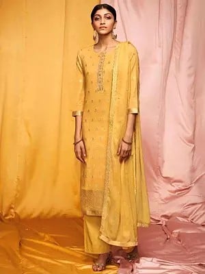 Mineral-Yellow Zari Work Cotton Salwar Suit with Chiffon Dupatta