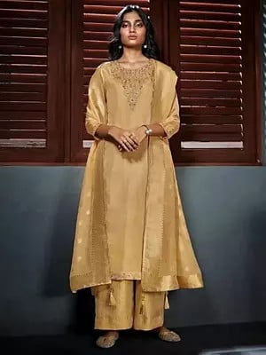 Warm-sand silk Salwar Suit with Embroidered Neck and Latkan Dupatta