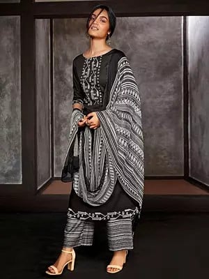 Jet-Black Plain Salwar Suit with Embroidered Neck-Border and Printed Dupatta