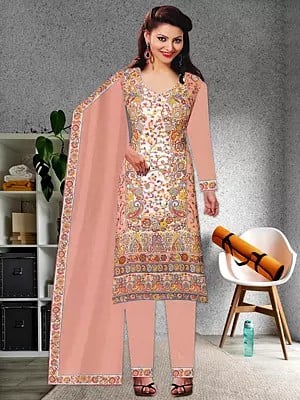 Tropical-Peach Jamawar Poly Wool Salwar Kameez Suit with Multi-Color Kani Weave