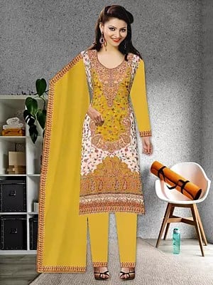 Mineral-Yellow Poly Wool Kani Jamawar Salwar Suit with Dupatta from Amritsar