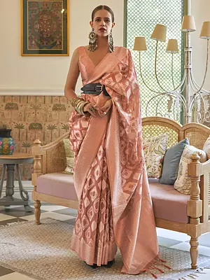Zari Tissue handloom Weaving Diamond Pattern Saree With V-Shape Blouse