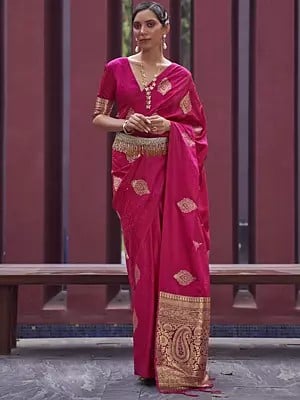 Traditional Wear Pure Satin Zari Weaving Silk Saree With Contrast Paisley Border