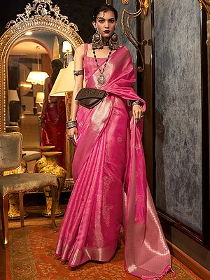 Organza Handloom Weaving Floral Tassel Saree And Golden Pallu With Blouse