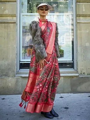 Faded-Red Floral Digital Printed Satin Organza Saree For Women's
