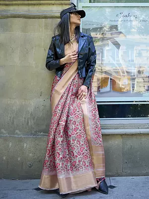 Light-Grey All Over Floral Pattern Printed Satin Organza Saree with Golden Border