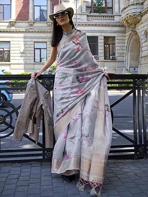 Light Lavender-Grey Digital Printed Satin Organza Saree With Striped Pallu