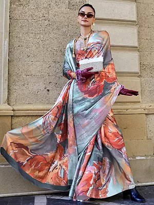 Abstract Floral Digital Printed Satin Saree With Bluse For Women's