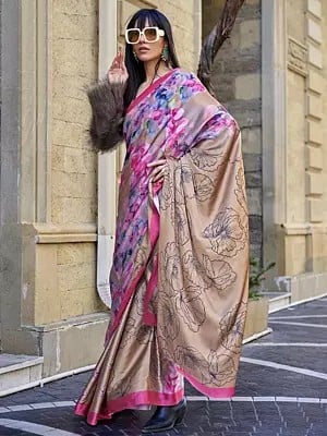 Light-Brown Floral Printed Satin Crepe Saree With Blouse For Event