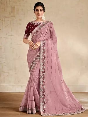 Organza Stripe Printed All Over And Embroidered Border Stone Work Faded Pink Saree With Blouse