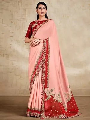 Satin Silk Georgette Embroidered Border And Pallu Melon Color Saree With Blouse