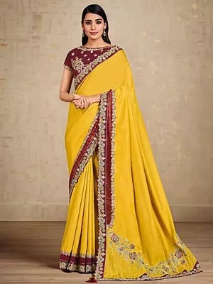 Tusser Silk Floral Sunglow Saree With Embroidered Border And Pallu