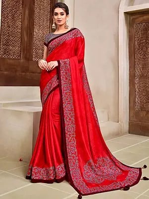 Silk Georgette Applique Embossed Print Cadmium Red Saree With Raw Silk Blouse