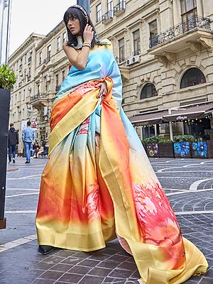 Colorful Print Pure Gaji Silk Handloom Woven Saree for Women's
