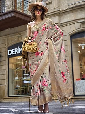 Light-Brown Floral Pattern Printed Gaji Silk Saree with Tassels Pallu