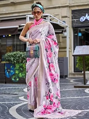 Languid-Lavender Digital Printed Saree in Gaji Silk with Handloom Woven
