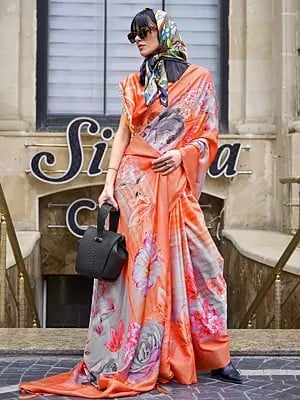 Pinkish-Orange Handloom Woven Gaji Silk Saree with Digital Floral Print for Women's
