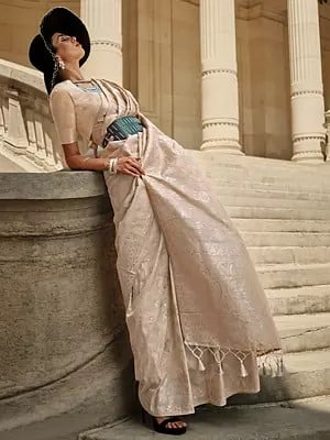 Vine Pattern Gota Handloom Woven Silk Saree with Tassels Pallu