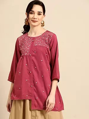 Women's Viscose Blend Embroidered High Low Short Top