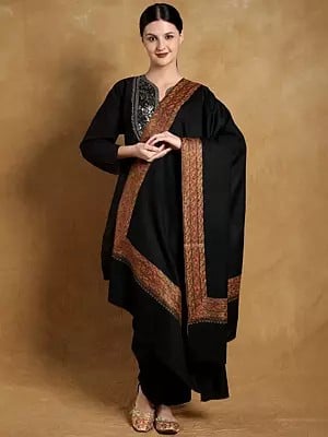Pure Wool Plain Kashmiri Tusha Shawl with Sozni Hand Embroidered Wide Border