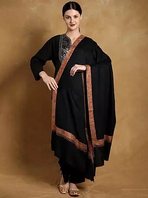 Pirate-Black Diamond Weave Pure Wool Shawl from Kashmir with Phool-Bail Sozni Hand Embroidery on Border