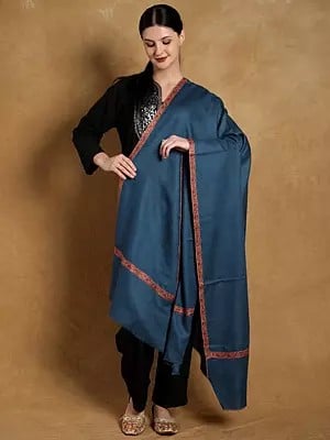 Moroccan-Blue Plain Shawl from Kashmir with Sozni Hand Embroidered Border
