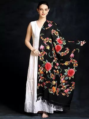 Moonless-Night Floral Hand Aari Embroidered Pure Wool Stole from Kashmir
