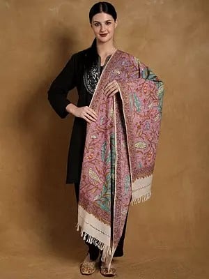 Snow-White Pure Wool Stole with Dense Aari Embroidered Birds by Hand