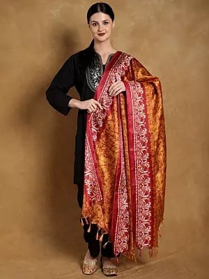 Batik Printed Banglori Art Silk Dupatta with Peacock Border and Tassels