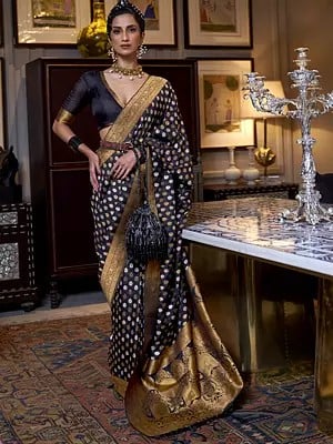 Pure Khadi Copper Zari Weaving Saree with Tassels and Contrast Pallu for Women