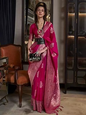 Pure Khadi Georgette Nylon Zari Butta Weaving Saree with Contrast Pallu & Tassels