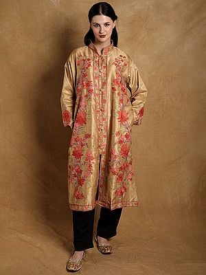 Fall-Leaf Art Silk Aari Embroidered Long Jacket from Kashmir