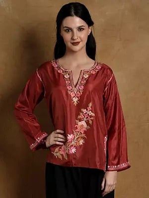 Brick-Red Pure Silk Short Kurti From Kashmir with Aari Embroidery by Hand