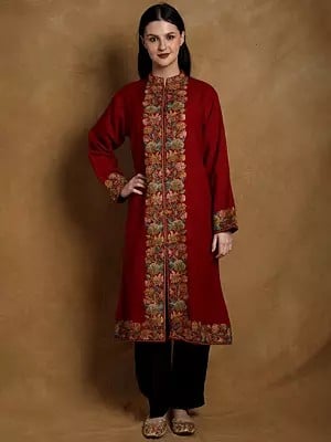 Urban-Red Pure Wool Hand Aari Embroidered Long Jacket from Kashmir