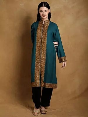 Harbor-Blue Plain Pure Wool Long Jacket from Kashmir with Paisley Aari Embroidery on Border