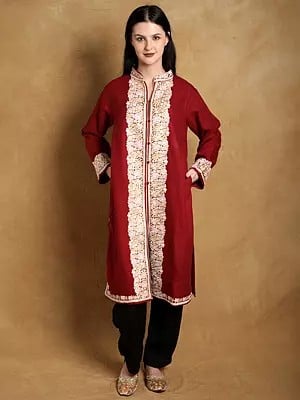 Savvy-Red Kashmiri Plain Long Jacket with Floral Aari Embroidered Patch on Border