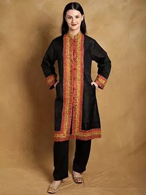 Moonless-Night Pure Silk Long Jacket from Kashmir with Hand Aari Embroidered Paisleys on Border
